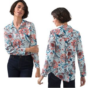 Chicos Blue Floral Paisley Long Sleeve Button Up Shirt Women 1 (M) Bohemian 70s